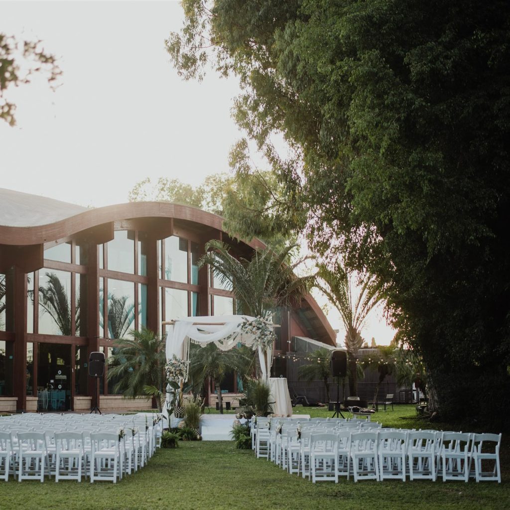A designed canopy on the grass under a eucalyptus tree