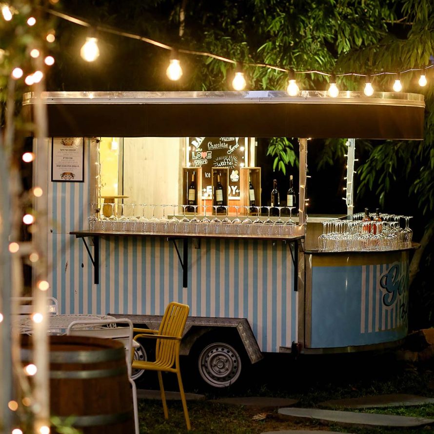 Vintage cart wine bar and hanging string lights