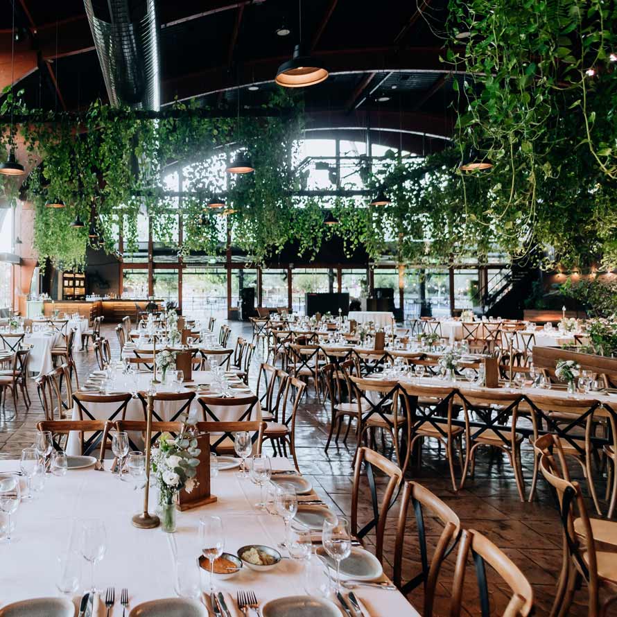 ISOweddings-adriansebal-441A אולם אירועים רחב ומואר עם תקרת עץ גבוהה וצמחייה ירוקה משתפלת מהתקרה. שולחנות עץ עגולים וארוכים ערוכים בכלי אוכל וכוסות יין, יוצרים אווירה טבעית, אלגנטית ומזמינה