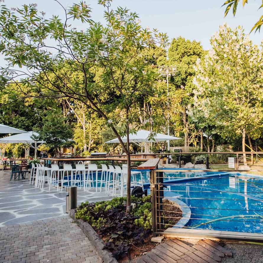 A garden surrounded by trees with a water pool, white bar chairs by the pool, scattered white parasols