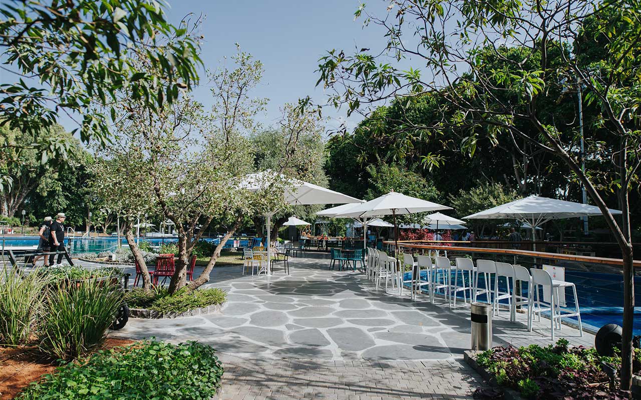 קבלת פנים בגן האירועים, ערוגות צמחיה, כסאות בר ליד בריכת מים, פינות ישיבה תחת שמשיות